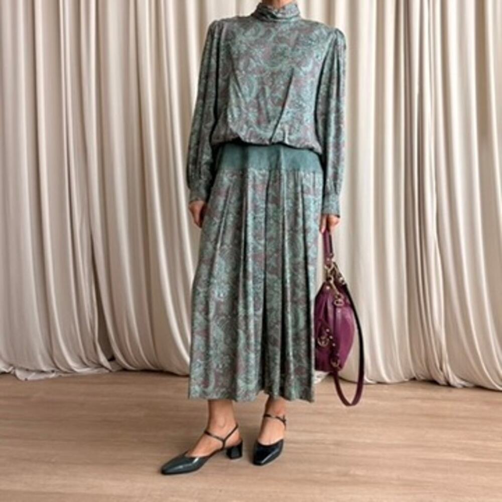 Annie Quince Teal Paisley Drop-Waist Maxi - 80s,Made in USA, Size 12 (Fits L)